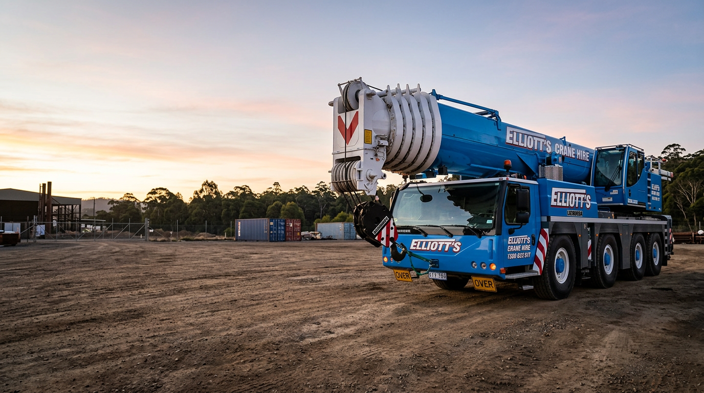 Elliott's all-terrain mobile crane on a Tasmanian site at dawn